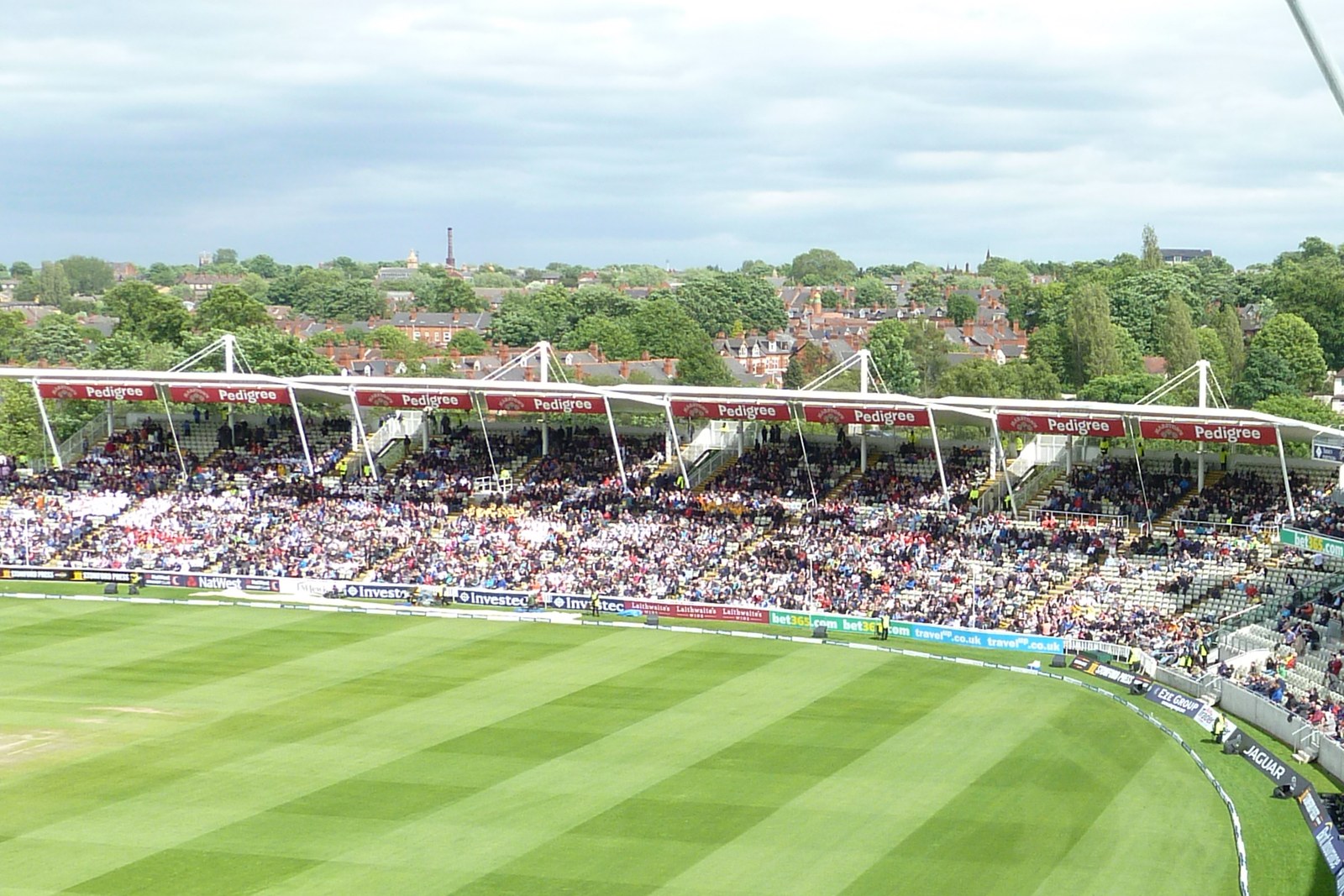 The roof panels and eastern seating of the Eric Hollies Stand seen across Edgbaston’s outfield in June 2012